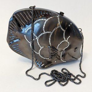 Vintage Hard Body Rhinestone Fish Clutch Bag with Chain